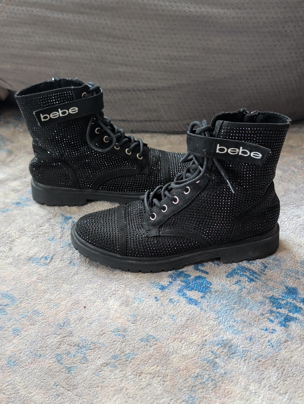 Bebe Black Rhinestone Lace-Up Combat Boots Women's 7.5 US
